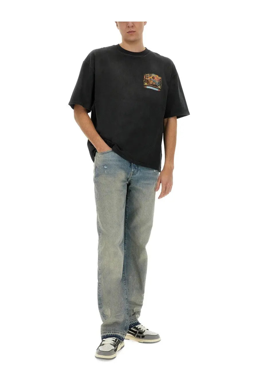 Amiri men’s jazz hideaway black oversized t shirt with colorful graphic print on the left chest