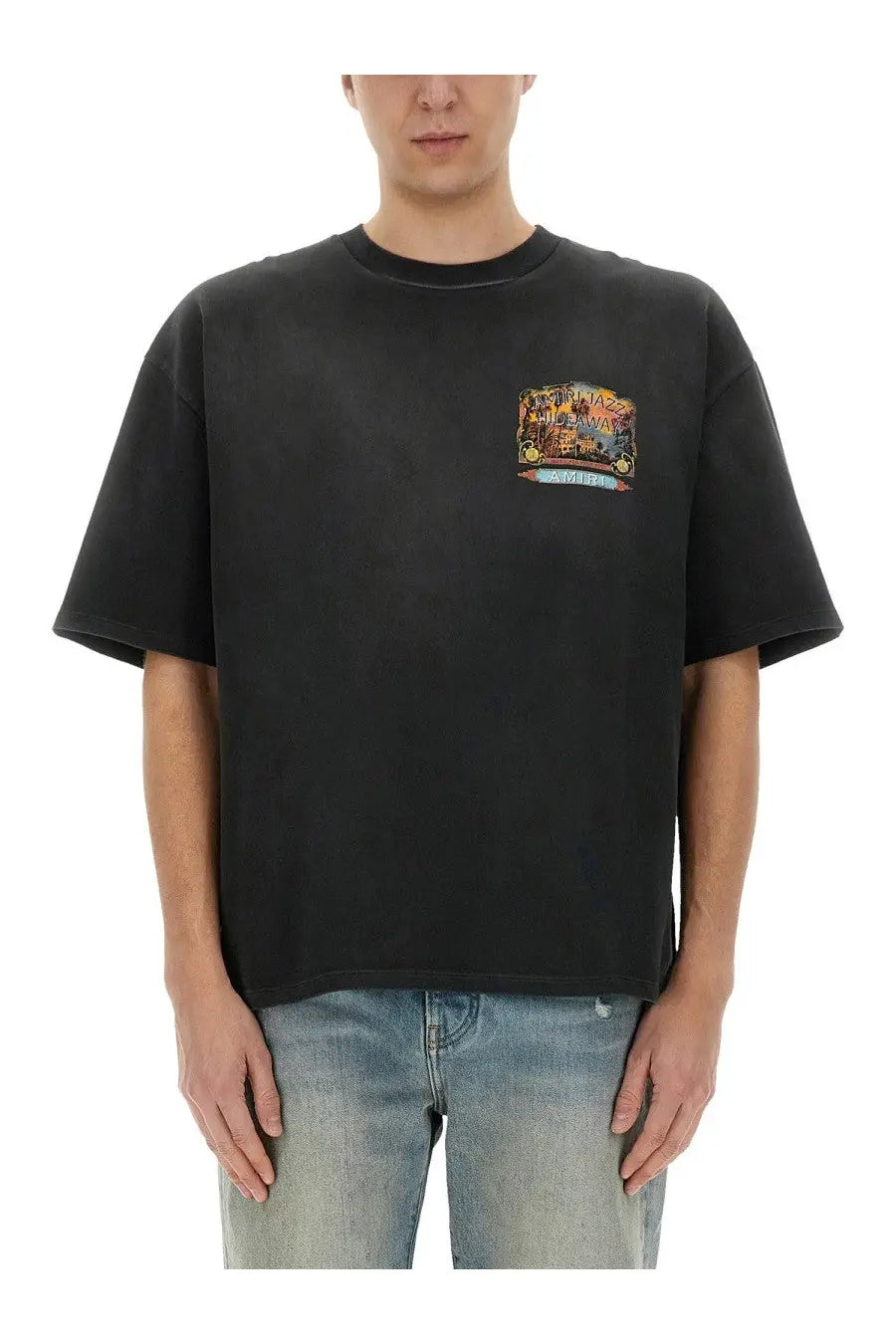 Amiri men’s jazz hideaway shirt black oversized t shirt with colorful graphic print on left chest in cotton material