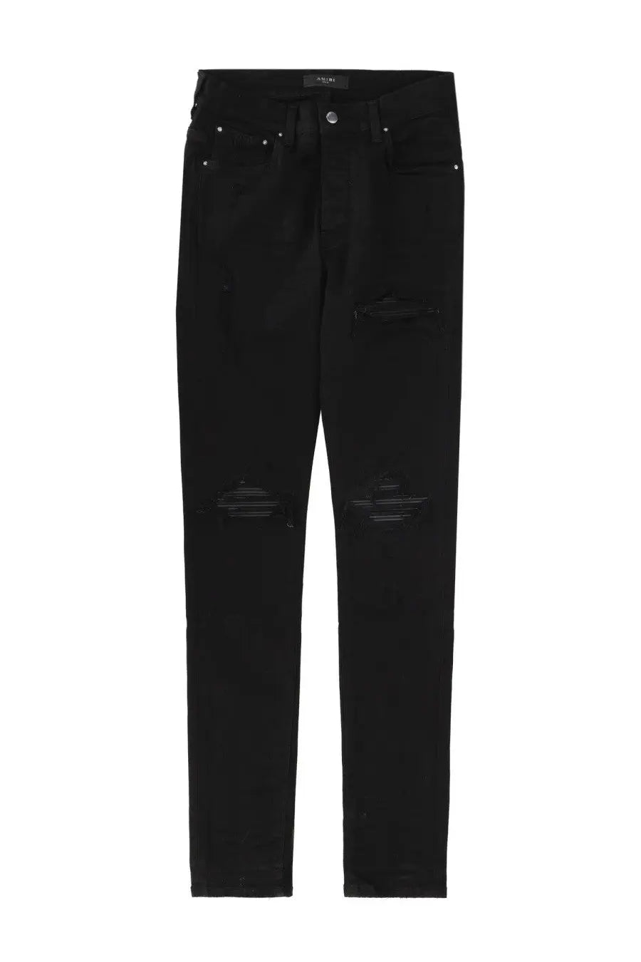 Amiri men’s black distressed slim fit denim jeans with subtle knee fading in a sleek design