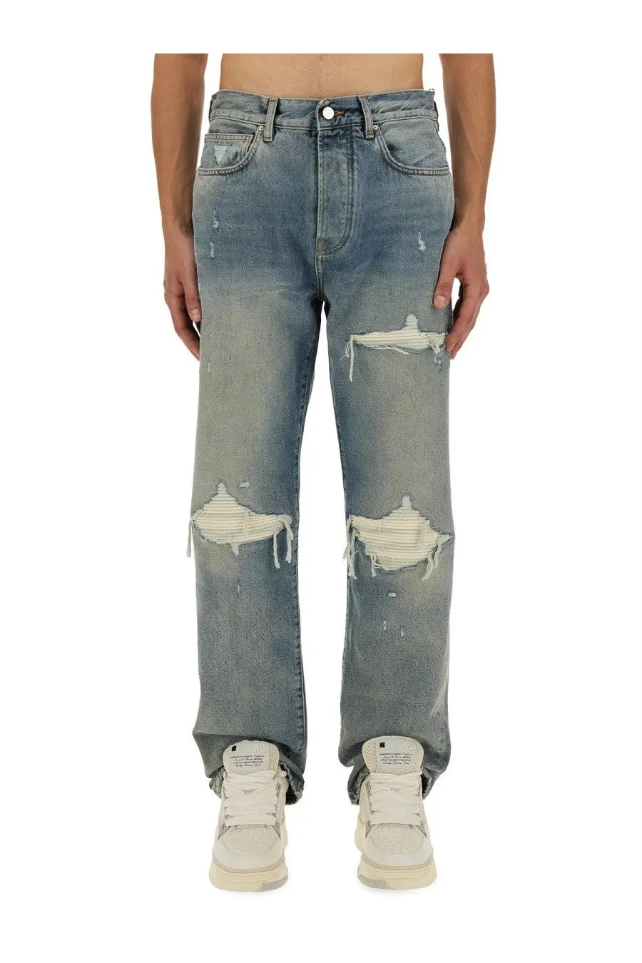 Amiri men’s jeans mx1 blue distressed medium-wash denim with ripped knees and frayed edges