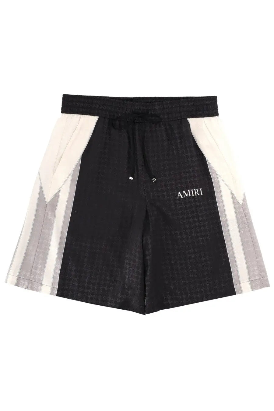 Amiri men’s ma quad panel shorts black with subtle textured pattern and white gray geometric side panels elastic waistband