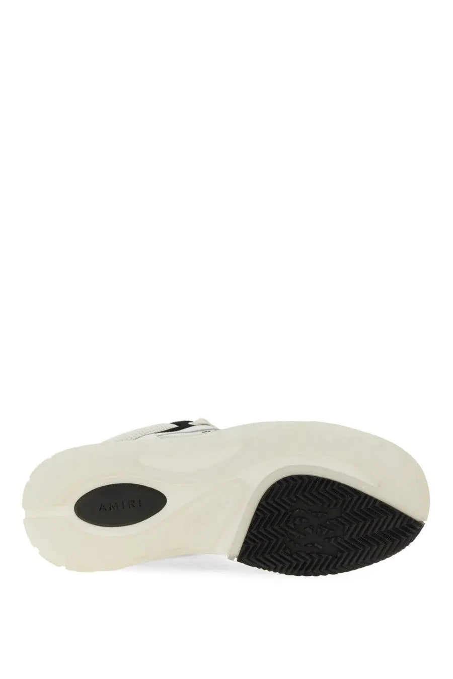 Amiri men’s sneaker ma white featuring a white and black chunky sole athletic design with amri logo near the heel back side