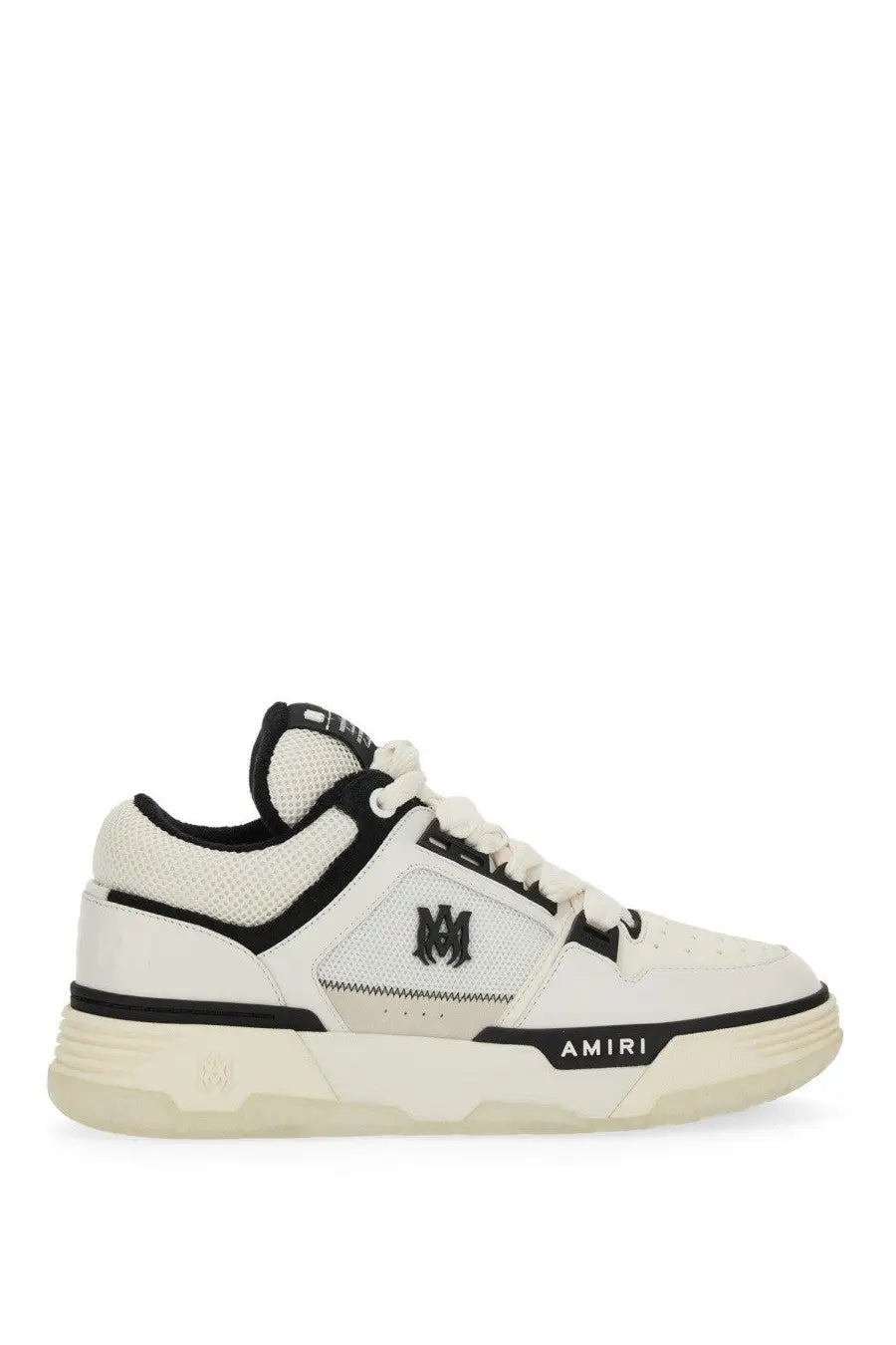 Amiri men’s sneaker ma white featuring white and black mesh and leather upper with bold logo on side