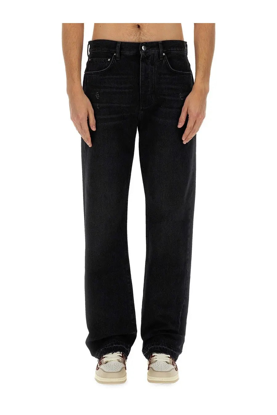 Amiri men’s black denim jeans with a straight leg cut and subtle distressed details front view