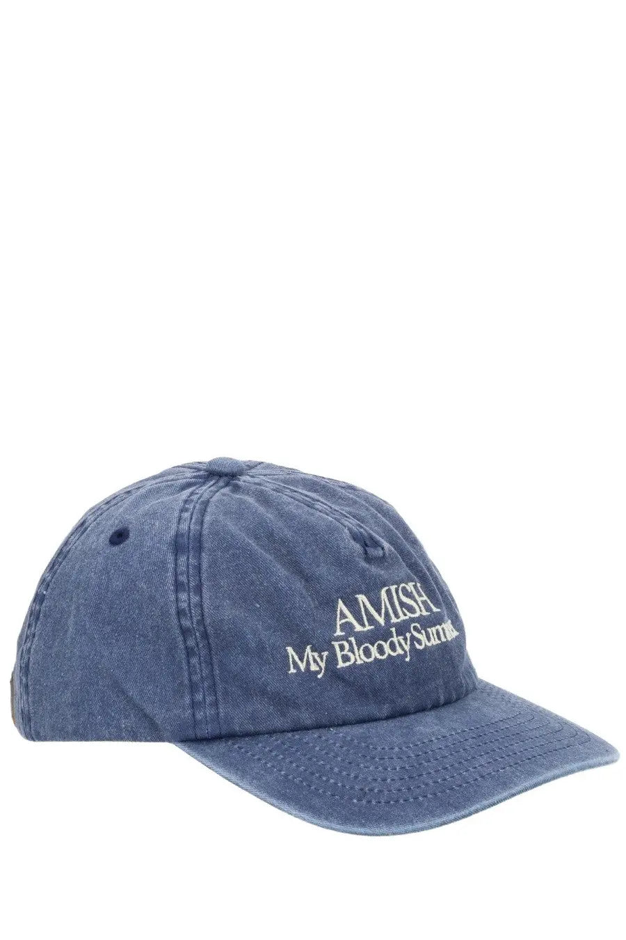 Blue denim baseball cap with white embroidered amish my bloody summer text from amish supplies men’s collection