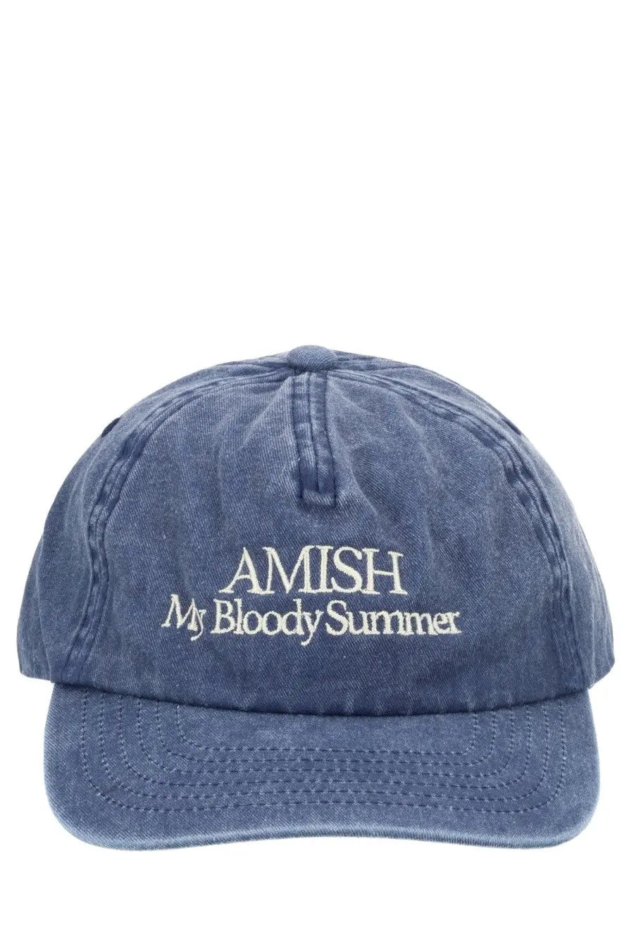 Blue denim baseball cap for men with white embroidered amish my bloody summer text from Amish Supplies