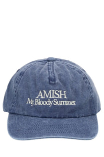Blue denim baseball cap for men with white embroidered amish my bloody summer text from Amish Supplies