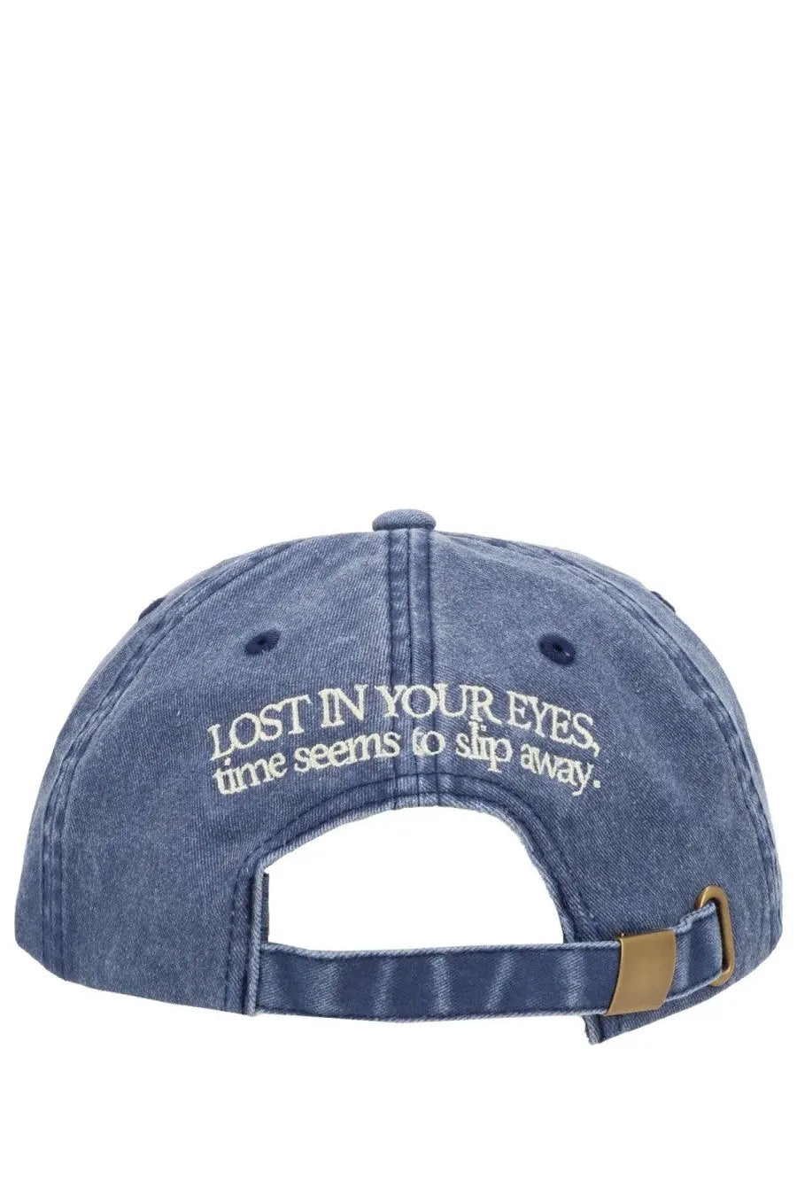 Amish supplies men’s blue denim baseball cap with white embroidered text lost in your eyes time seems to slip away