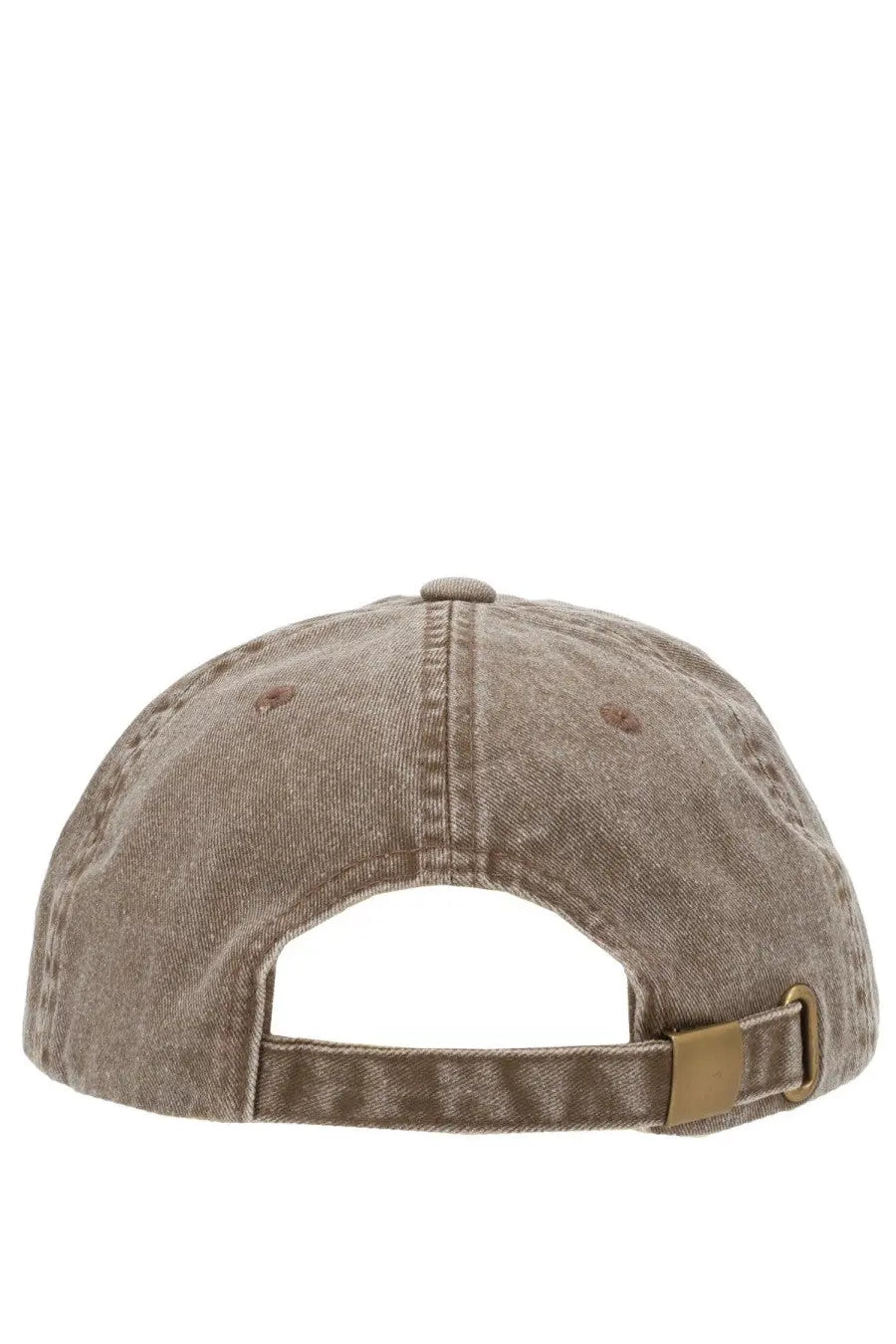 Amish Supplies men’s brown beige denim baseball cap with brass adjustable strap buckle showing the back side
