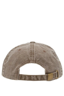 Amish Supplies men’s brown beige denim baseball cap with brass adjustable strap buckle showing the back side