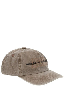 A faded beige denim baseball cap with embroidered text and button from Amish Supplies men’s brown collection