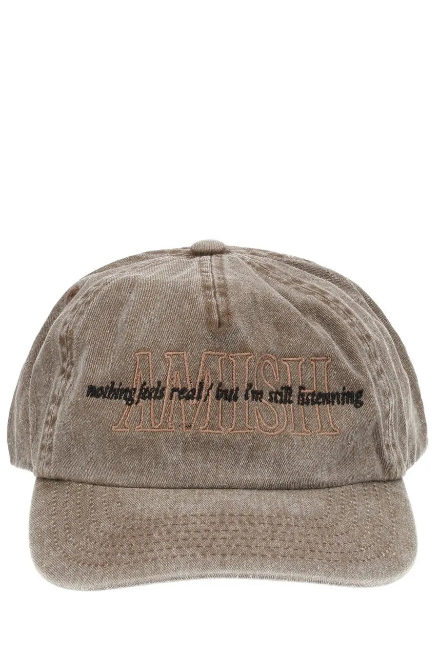 Beige denim baseball cap for men with embroidered amish text and phrase in brown from amish supplies