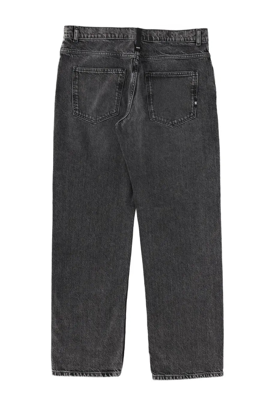 Dark gray denim black amish supplies men’s jeans with faded worn-in look and classic back pockets shown from the back