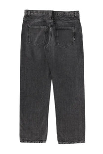Dark gray denim black amish supplies men’s jeans with faded worn-in look and classic back pockets shown from the back