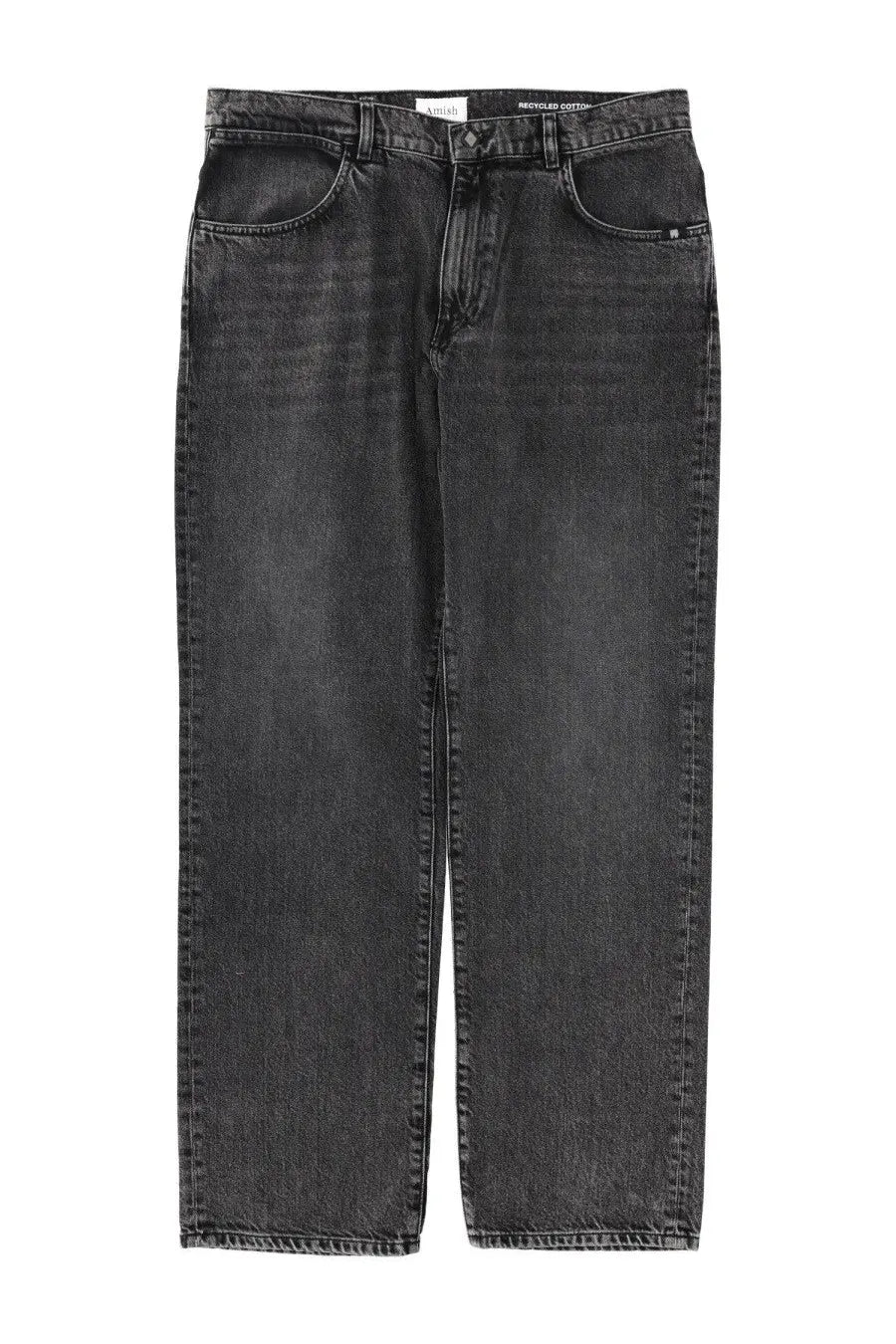 Amish Supplies men’s dark gray straight-leg denim black jeans made from recycled cotton with faded wash and five pockets