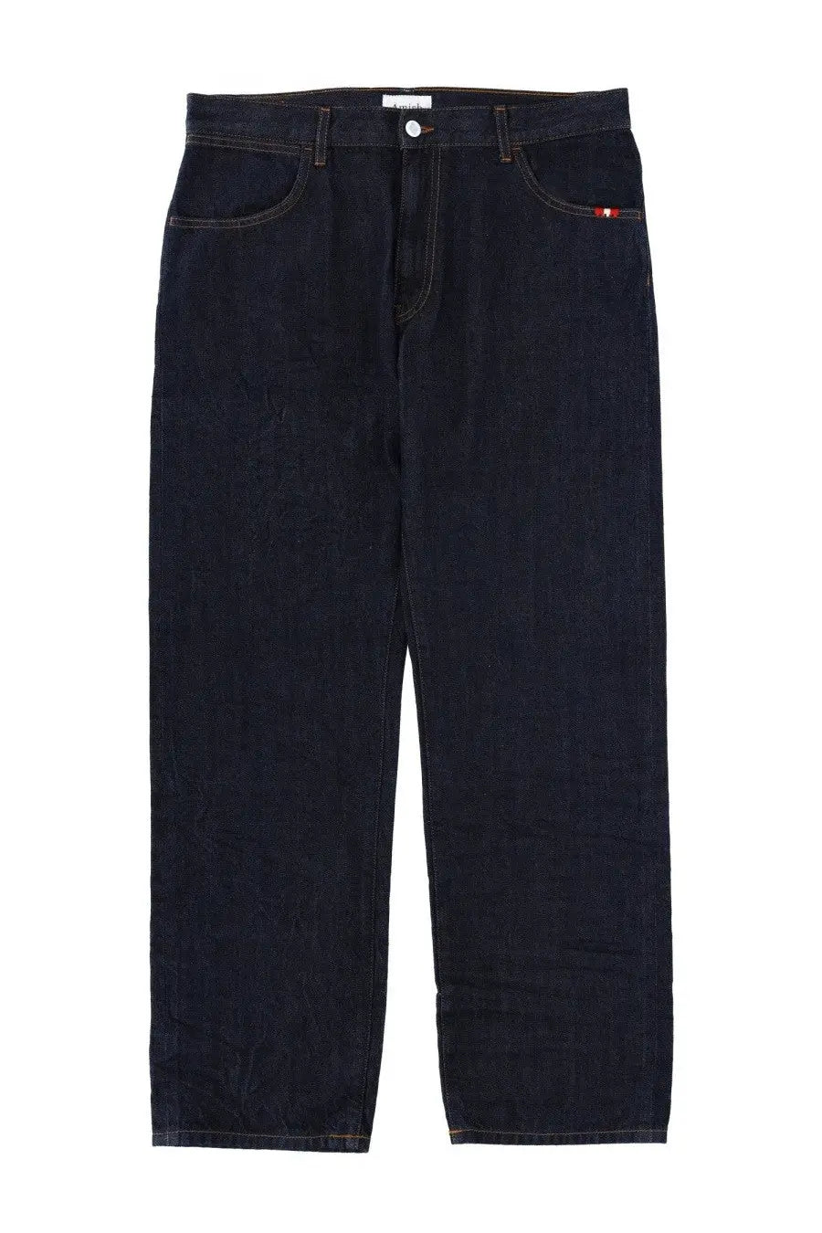 Amish supplies men’s jeans james wash crinkle blue dark indigo denim with straight-leg cut and subtle stitching details
