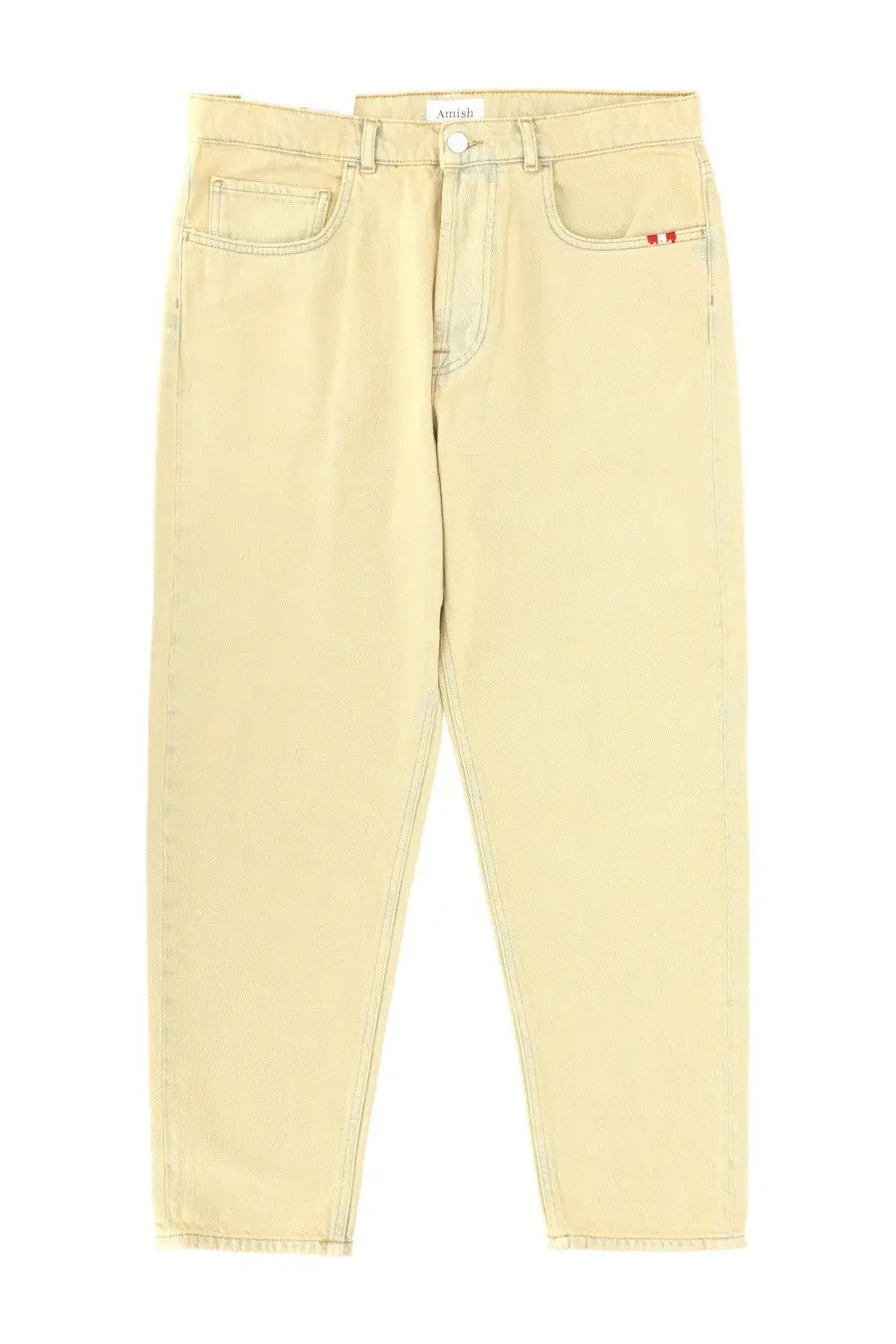 Beige denim jeans with a subtle red logo on the right front pocket from amish supplies mens jeans jeremiah harley beige collection