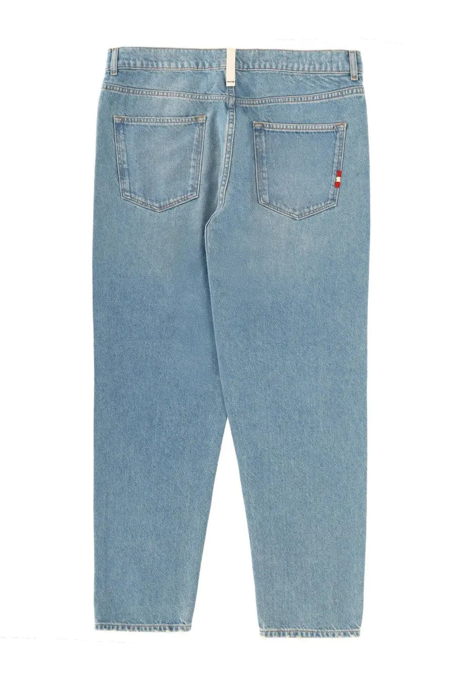Back view of amish supplies men’s jeans jeremiah sand stone blue light-wash denim with straight-leg cut and fading