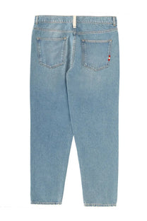 Back view of amish supplies men’s jeans jeremiah sand stone blue light-wash denim with straight-leg cut and subtle fading