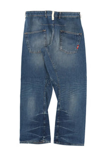Back side of amish supplies men’s jeans twist slub blue denim with faded wash subtle distressing and red logo on pocket