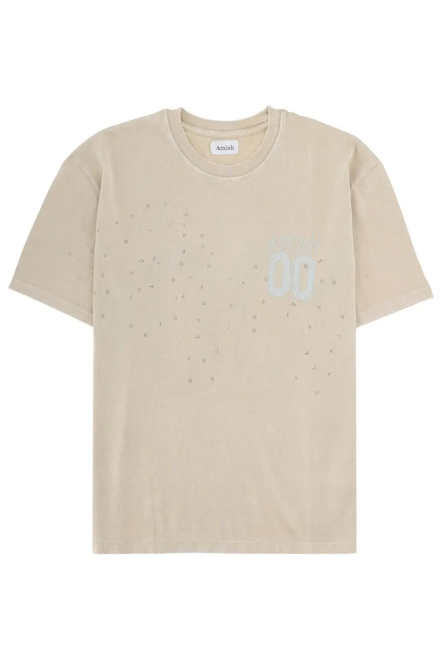 Men’s beige amiida t-shirt with subtle perforated pattern and faint light blue graphic by Amish Supplies