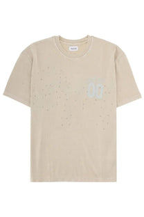 Men’s beige amiida t-shirt with subtle perforated pattern and faint light blue graphic by Amish Supplies