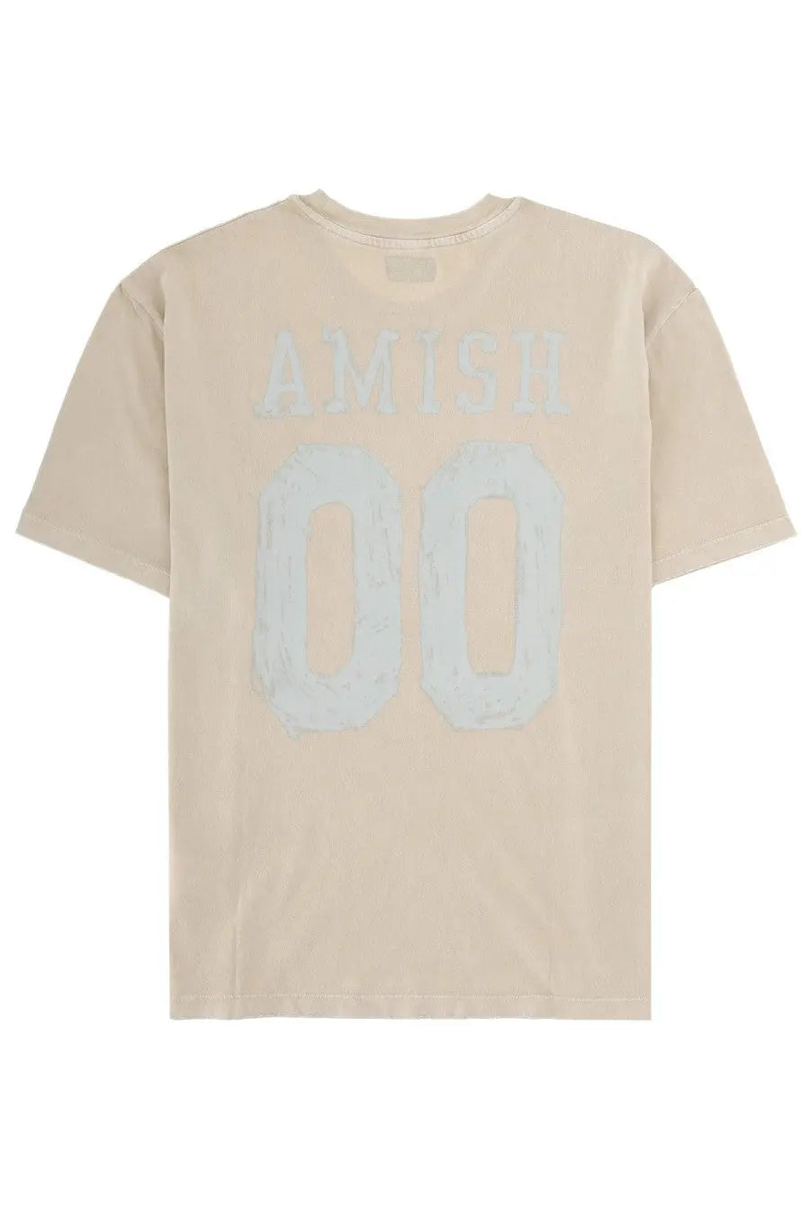 Beige short-sleeved Amish Supplies men’s shirt con with faded light gray Amish 00 lettering printed on the back
