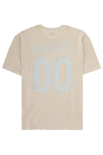 Beige short-sleeved Amish Supplies men’s shirt con with faded light gray Amish 00 lettering printed on the back