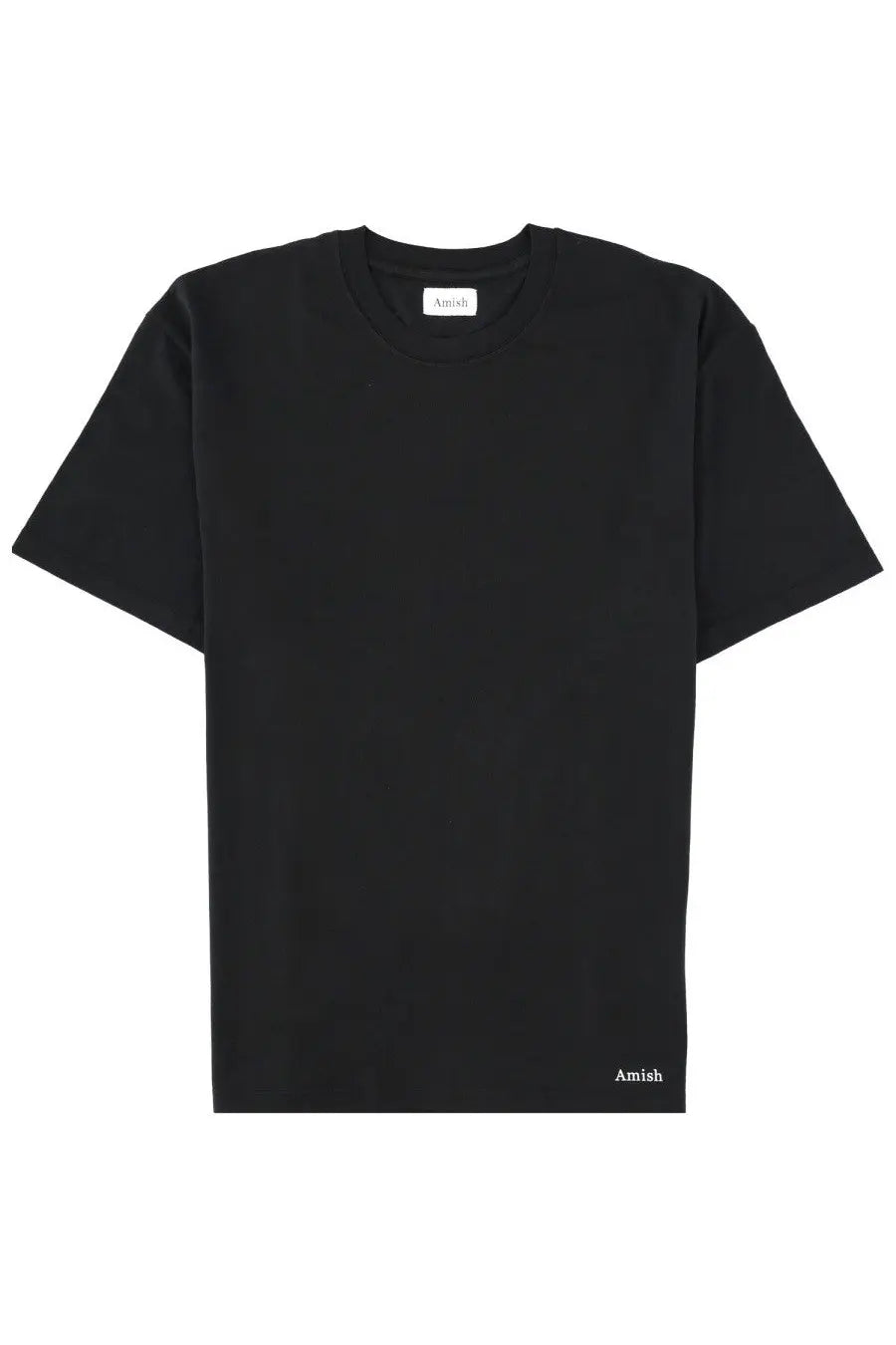 Amish Supplies men’s short-sleeved black cotton t-shirt with minimalist white branding at collar and bottom hem