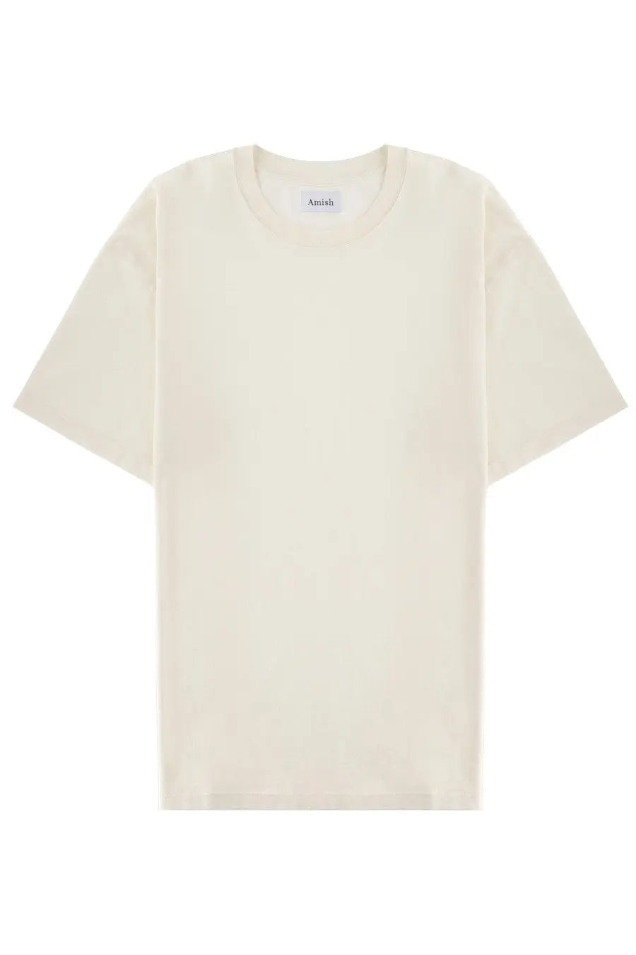Amish supplies men’s cream-colored minimalist crew-neck t-shirt with a subtle neckline brand tag in micro white