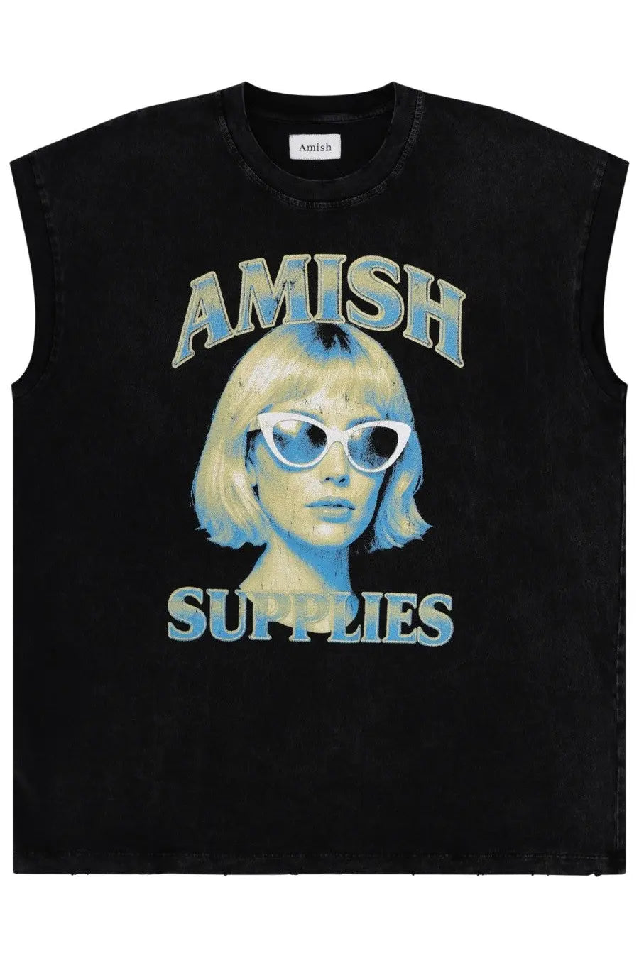 Black sleeveless cotton tee featuring a vintage graphic of a blonde woman with amish supplies text in faded blue lettering