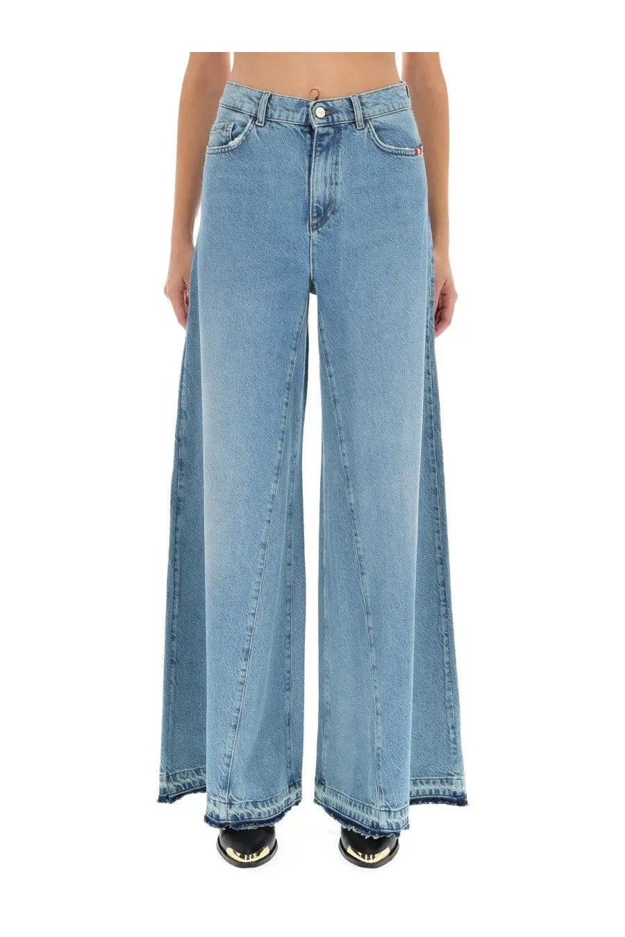 Light-wash denim wide-leg high waist jeans with frayed hems for women by Amish Supplies Colette Rinse Blue