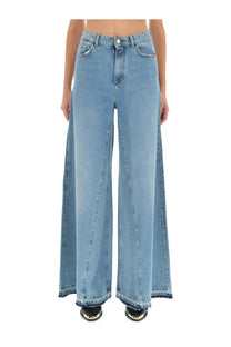 Light-wash denim wide-leg high waist jeans with frayed hems for women by Amish Supplies Colette Rinse Blue