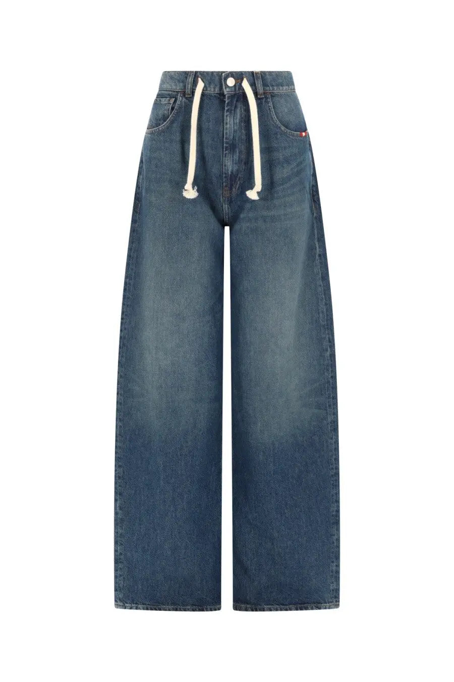 Amish Supplies women’s Danielle Michigan jeans are high-waisted wide-leg denim pants in medium blue with white drawstrings