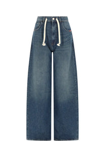 Amish Supplies women’s Danielle Michigan jeans are high-waisted wide-leg denim pants in medium blue with white drawstrings