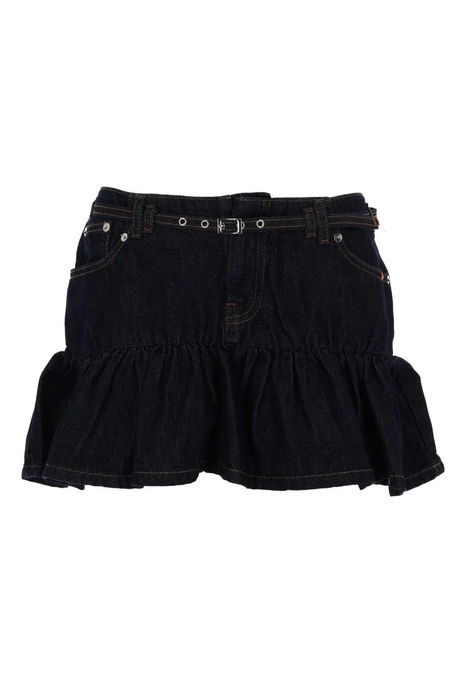 Amish Supplies women’s blue denim miniskirt with ruffled hem and belt looped through silver metal hardware
