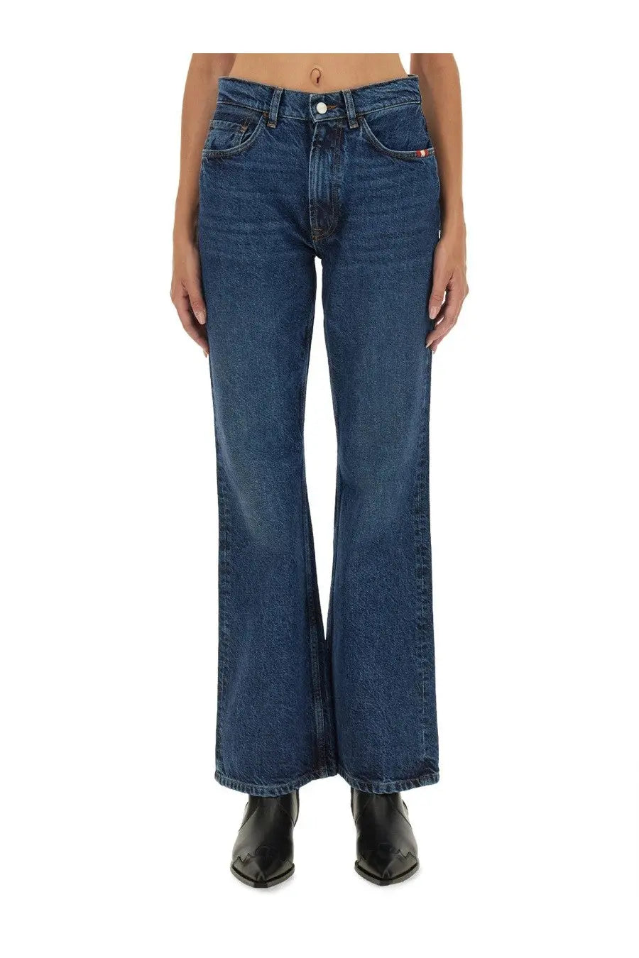 Dark blue denim Amish Supplies women’s Kendal jeans with classic five-pocket design and subtle brand tag on waistband
