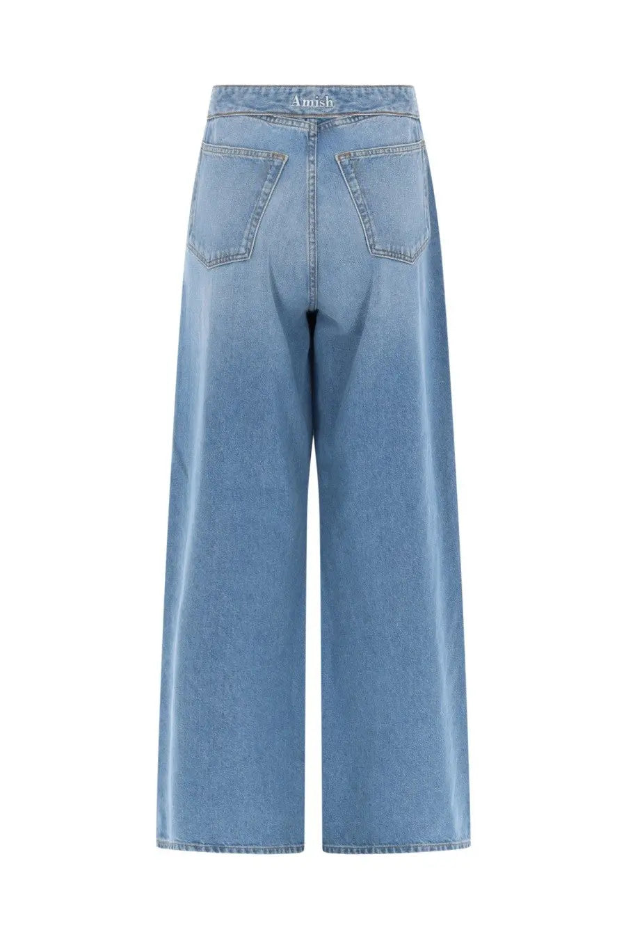 Light-wash denim wide-leg trousers with high waist and classic back pockets shown from the back by Amish Supplies women