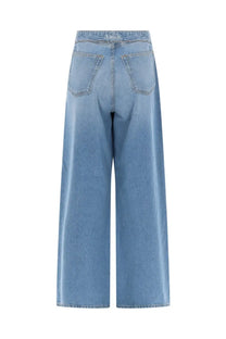 Light-wash denim wide-leg trousers with high waist and classic back pockets shown from the back by Amish Supplies women