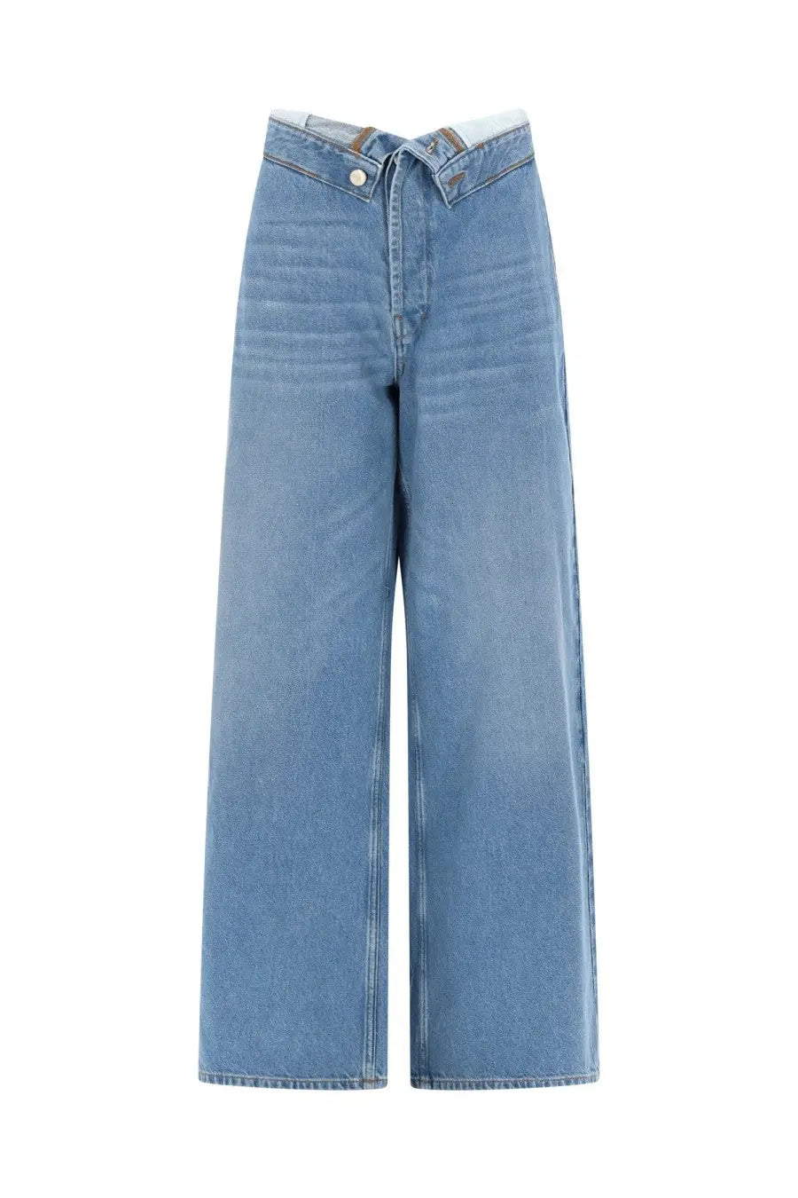 Amish supplies women’s light-wash denim wide-leg jeans with button fly and classic stitching in blue