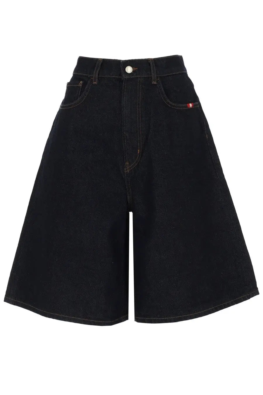 Black high-waisted denim shorts with a straight-leg cut and contrasting stitching from Amish Supplies women’s shorts in denim blue