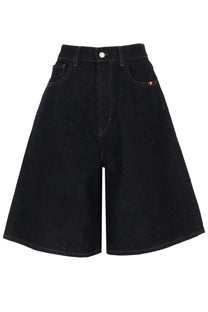 Black high-waisted denim shorts with a straight-leg cut and contrasting stitching from Amish Supplies women’s shorts in denim blue