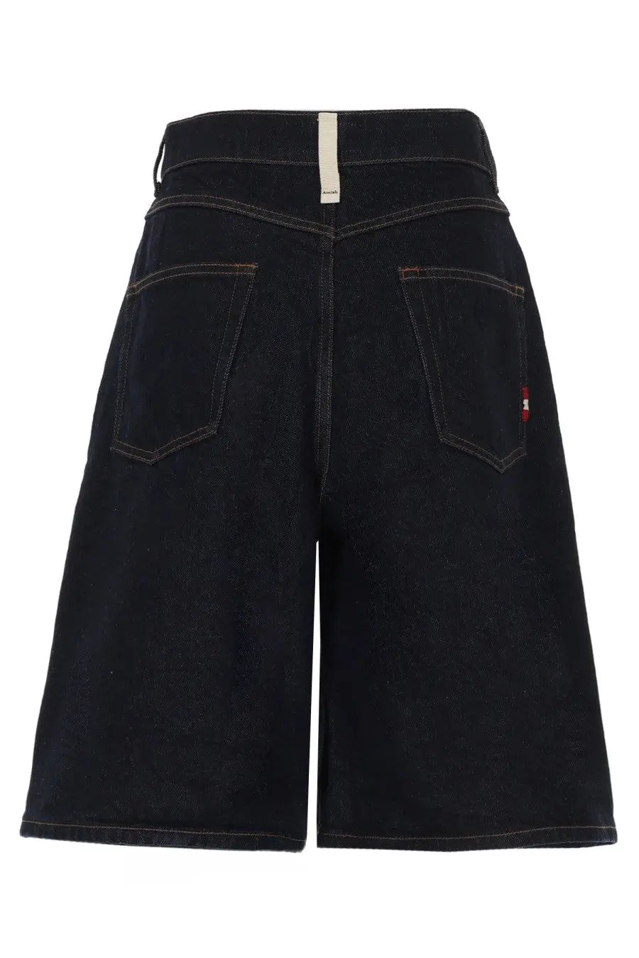 Back view of amish supplies women’s dark indigo high waist denim shorts with red stitching and embroidered logo on pockets