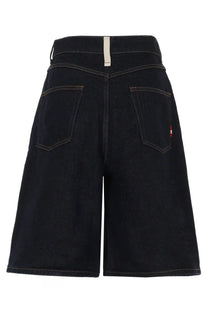 Back view of amish supplies women’s dark indigo high waist denim shorts with red stitching and embroidered logo on pockets
