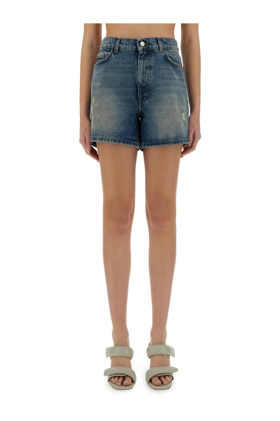 Amish Supplies women’s shorts jenny blue high-waisted denim shorts in medium blue wash with distressed details and stitching