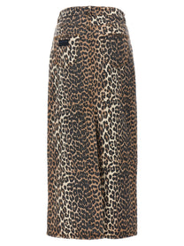 Ganni Animal Print Long Skirt Brown