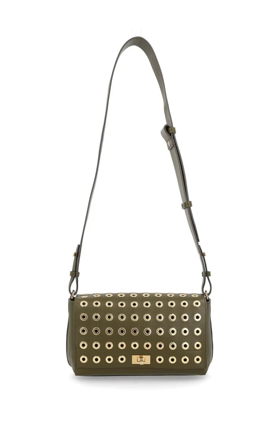 Anya Hindmarch women’s olive green leather crossbody bag with gold-tone grommets and matching metallic clasp