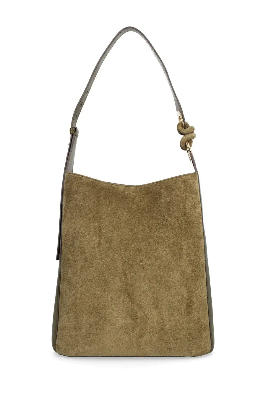 Anya Hindmarch women’s taupe suede hobo bag with a slender shoulder strap and twisted knot closure
