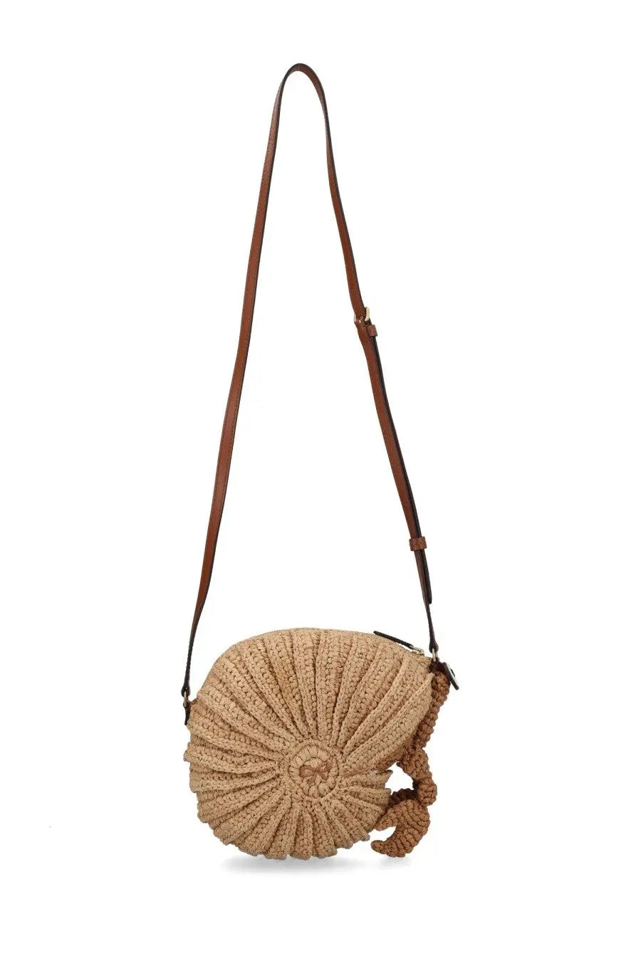 Anya Hindmarch women’s borsa hermit crab beige woven straw crossbody bag with brown leather strap and braided tassel detail
