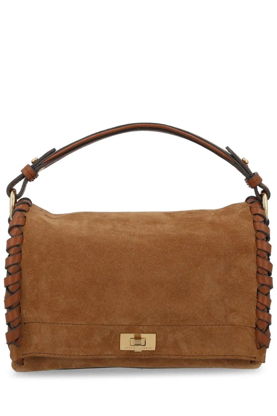 Anya hindmarch women’s borsa mortimer whipstitch brown tan suede handbag with braided leather trim and gold-tone clasp